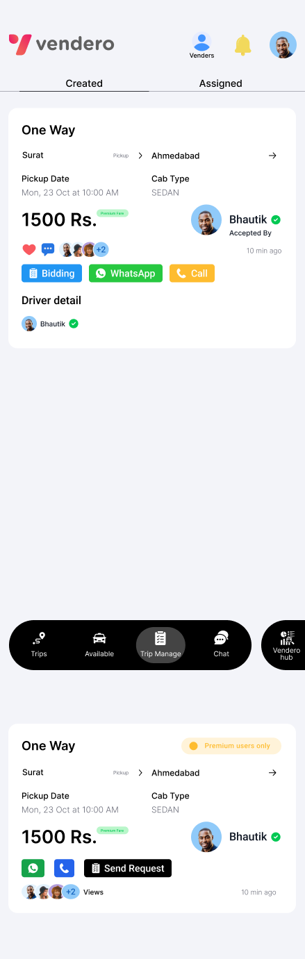 Vendro trip management screen